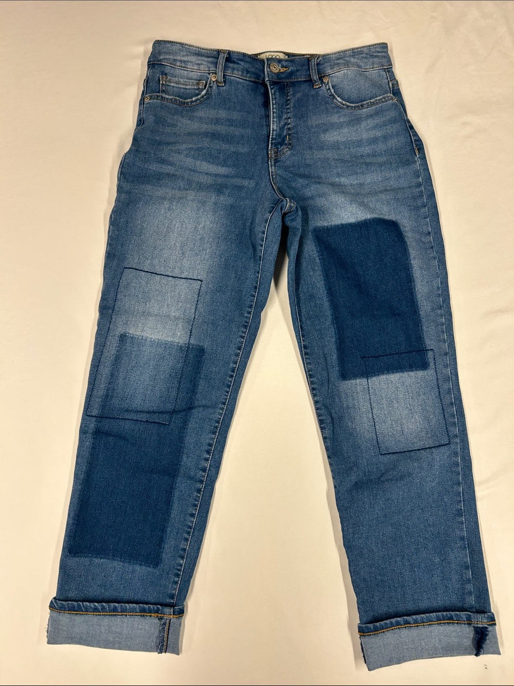 LOGO by Lori Goldstein Shadow Patch Boyfriend Jeans Cuffed Medium Wash